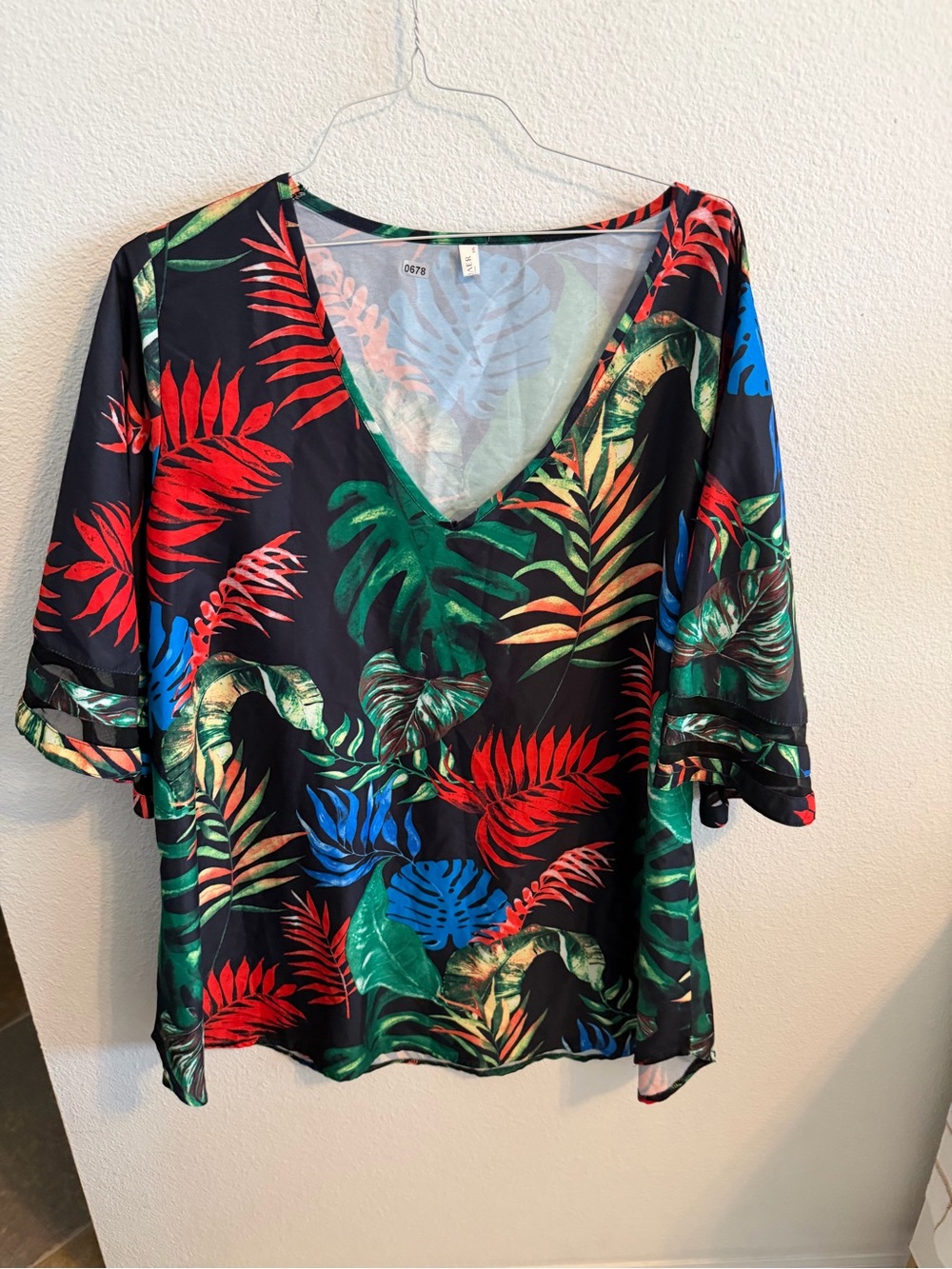 Tropical V-Neck Black Swim Cover-Up with Red & Green Leaf Print